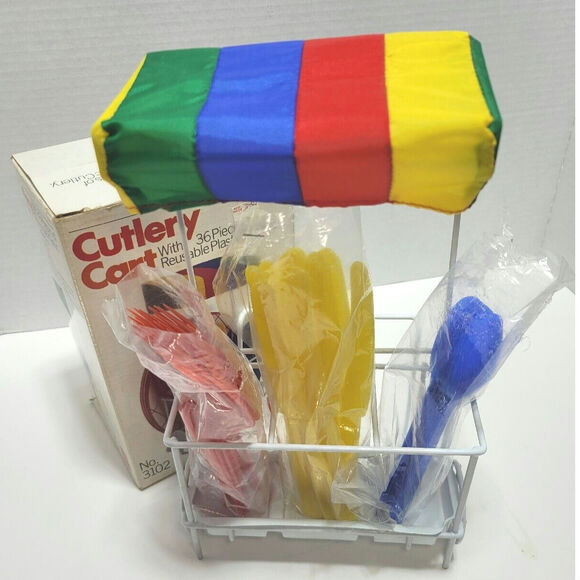 1984 Cutlery Cart Holder Picnic Party Table Basket Silverware Camping Vintage - Picture 2 of 11